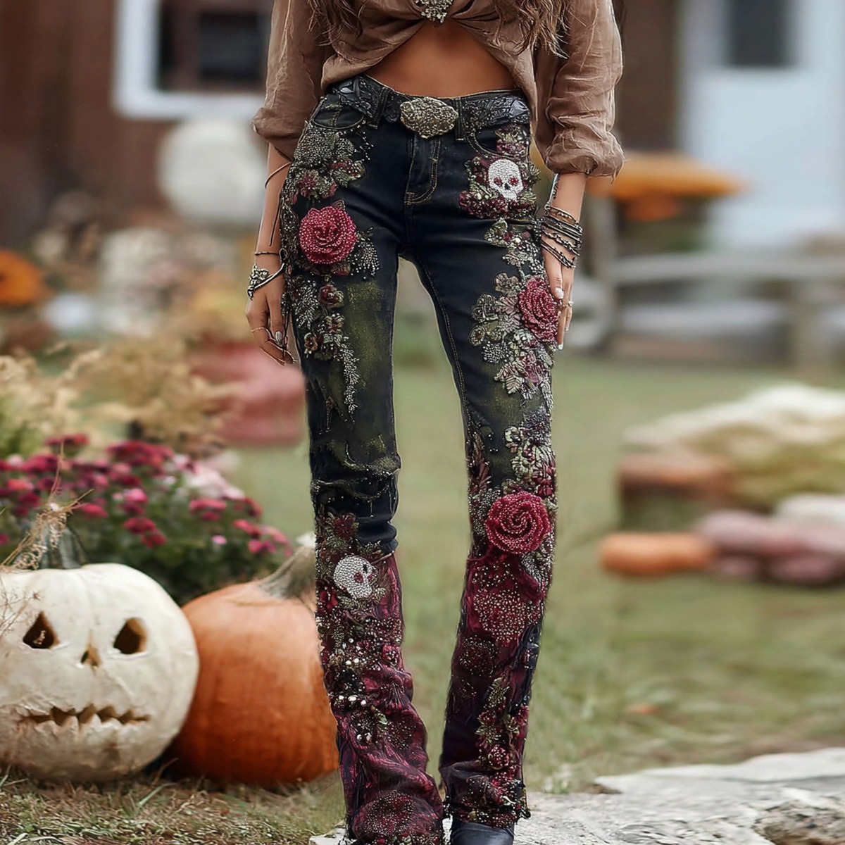 Retro Floral Print Jeans High Waist Slim Imitation Jeans Elegant Casual Trousers